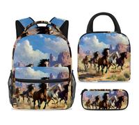 ewndhtse Set di zaino per la scuola con borsa per il pranzo e astuccio, set da 3 pezzi, zaino da viaggio, zaino casual per adolescenti, ragazze, ragazzi, primaria, junior, media, un gruppo di cavalli