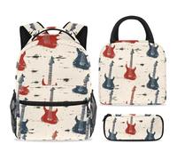ewndhtse Set di zaino per la scuola con borsa per il pranzo e astuccio, set da 3 pezzi, zaino da viaggio, zaino casual per adolescenti, ragazze, ragazzi, primaria, junior, media, chitarra rossa e nera