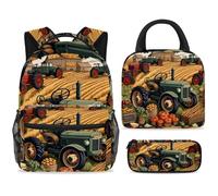 ewndhtse Set di zaino per la scuola con borsa per il pranzo e astuccio, set da 3 pezzi, zaino da viaggio, zaino casual per adolescenti, ragazze, ragazzi, primaria, junior, medio, trattori in fattoria