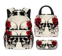 ewndhtse Set di zaino per la scuola con borsa per il pranzo e astuccio, set da 3 pezzi, zaino da viaggio, zaino casual per adolescenti, ragazze, ragazzi, primaria, junior, media, amanti del teschio