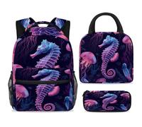ewndhtse Set di zaino per la scuola con borsa per il pranzo e astuccio, set da 3 pezzi, zaino da viaggio, zaino casual per adolescenti, ragazze, ragazzi, primaria, jellyfish, cavalluccio marino