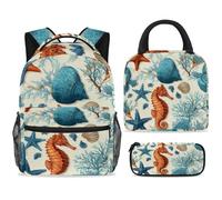 ewndhtse Set di zaino per la scuola con borsa per il pranzo e astuccio, set da 3 pezzi, zaino da viaggio, zaino casual per adolescenti, ragazze, ragazzi, primaria, junior, medio, cavalluccio marino