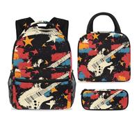 ewndhtse Set di zaino per la scuola con borsa per il pranzo e astuccio, set da 3 pezzi, zaino da viaggio, zaino casual per adolescenti, ragazze, ragazzi, primaria, junior, medio, chitarra su sfondo