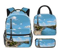 ewndhtse Set di zaino per la scuola con borsa per il pranzo e astuccio, set da 3 pezzi, zaino da viaggio, zaino casual per adolescenti, ragazze, ragazzi, primaria, junior, medio, fiume Senna, Torre