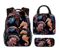 ewndhtse Set di zaino per la scuola con borsa per il pranzo e astuccio, set da 3 pezzi, zaino da viaggio, zaino casual per adolescenti, ragazze, ragazzi, primaria e media, cavalluccio marino, meduse e