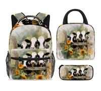 ewndhtse Set di zaino per la scuola con borsa per il pranzo e astuccio, set da 3 pezzi, zaino da viaggio, zaino casual per adolescenti, ragazze, ragazzi, primaria, junior, media, mucche su recinto