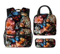 ewndhtse Set di zaino per la scuola con borsa per il pranzo e astuccio, set da 3 pezzi, zaino da viaggio, zaino casual per adolescenti, ragazze, ragazzi, primaria, junior, medio, farfalla, peonia