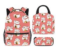 ewndhtse Set di zaino per la scuola con borsa per il pranzo e astuccio, set da 3 pezzi, zaino da viaggio, zaino casual per adolescenti, ragazze, ragazzi, primaria, junior, medio, gatti fortunati su