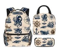ewndhtse Set di zaino per la scuola con borsa per il pranzo e astuccio, set da 3 pezzi, zaino da viaggio, zaino casual per adolescenti, ragazze, ragazzi, primaria, junior, mezzo, ancora, barca a vela