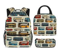 ewndhtse Set di zaino per la scuola con borsa per il pranzo e astuccio, set da 3 pezzi, zaino da viaggio, zaino casual per adolescenti, ragazze, ragazzi, primaria, junior, media, autobus colorato a