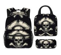 ewndhtse Set di zaino per la scuola con borsa per il pranzo e astuccio, set da 3 pezzi, zaino da viaggio, zaino casual per adolescenti, ragazze, ragazzi, primaria, junior, medio, teschio pirata e ossa