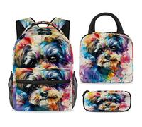ewndhtse Set di zaino per la scuola con borsa per il pranzo e astuccio, set da 3 pezzi, zaino da viaggio, zaino casual per adolescenti, ragazze, ragazzi, primaria, junior, medio, acquerello Shih Tzu