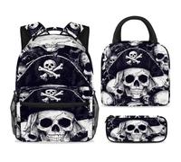 ewndhtse Set di zaino per la scuola con borsa per il pranzo e astuccio, set da 3 pezzi, zaino da viaggio, zaino casual per adolescenti, ragazze, ragazzi, primaria, junior, media, teschi pirata