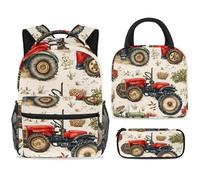 ewndhtse Set di zaino per la scuola con borsa per il pranzo e astuccio, set da 3 pezzi, zaino da viaggio, zaino casual per adolescenti, ragazze, ragazzi, primaria, junior, media, trattori in fattoria