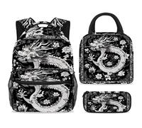 ewndhtse Set di zaino per la scuola con borsa per il pranzo e astuccio, set da 3 pezzi, zaino da viaggio, zaino casual per adolescenti, ragazze, ragazzi, primaria, junior, medio, drago cinese, peonia