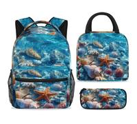 ewndhtse Set di zaino per la scuola con borsa per il pranzo e astuccio, set da 3 pezzi, zaino da viaggio, zaino casual per adolescenti, ragazze, ragazzi, primaria, junior, medio, oceano, conchiglie di