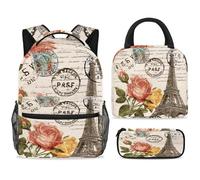 ewndhtse Set di zaino per la scuola con borsa per il pranzo e astuccio, set da 3 pezzi, zaino da viaggio, zaino casual per adolescenti, ragazze, ragazzi, primaria, junior, media, cartolina vintage