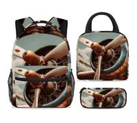 ewndhtse Set di zaino per la scuola con borsa per il pranzo e astuccio, set da 3 pezzi, zaino da viaggio, zaino casual per adolescenti, ragazze, ragazzi, primario, junior, medio, elica vintage Air