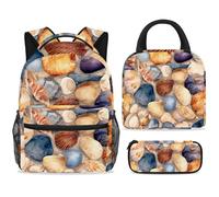 ewndhtse Set di zaino per la scuola con borsa per il pranzo e astuccio, set da 3 pezzi, zaino da viaggio, zaino casual per adolescenti, ragazze, ragazzi, primaria, junior, medio, conchiglie senza