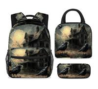 ewndhtse Set di zaino per la scuola con borsa per il pranzo e astuccio, set da 3 pezzi, zaino da viaggio, zaino casual per adolescenti, ragazze, ragazzi, primaria, junior, media, corvo, casa