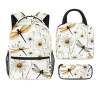 ewndhtse Set di zaino per la scuola con borsa per il pranzo e astuccio, set da 3 pezzi, zaino da viaggio, zaino casual per adolescenti, ragazze, ragazzi, primaria, junior, medio, libellule e camomilla