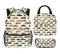 ewndhtse Set di zaino per la scuola con borsa per il pranzo e astuccio, set da 3 pezzi, zaino da viaggio, zaino casual per adolescenti, ragazze, ragazzi, primaria, junior, media, motivo auto senza