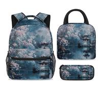 ewndhtse Set di zaino per la scuola con borsa per il pranzo e astuccio, set da 3 pezzi, zaino da viaggio, zaino casual per adolescenti, ragazze, ragazzi, primaria, junior media, tempio si nasconde in