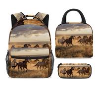 ewndhtse Set di zaino per la scuola con borsa per il pranzo e astuccio, set da 3 pezzi, zaino da viaggio, zaino casual per adolescenti, ragazze, ragazzi, primaria, junior, medio, cavalli al galoppo