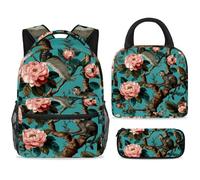 ewndhtse Set di zaino per la scuola con borsa per il pranzo e astuccio, set da 3 pezzi, zaino da viaggio, zaino casual per adolescenti, ragazze, ragazzi, primaria, junior, medio, scimmia, uccello su