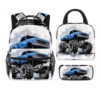 ewndhtse Set di zaino per la scuola con borsa per il pranzo e astuccio, set da 3 pezzi, zaino da viaggio, zaino casual per adolescenti, ragazze, ragazzi, primaria, junior, medio, blu Monster Car
