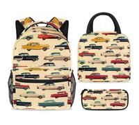 ewndhtse Set di zaino per la scuola con borsa per il pranzo e astuccio, set da 3 pezzi, zaino da viaggio, zaino casual per adolescenti, ragazze, ragazzi, primarie, junior e medie, motivo: auto retrò