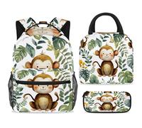 ewndhtse Set di zaino per la scuola con borsa per il pranzo e astuccio, set da 3 pezzi, zaino da viaggio, zaino casual per adolescenti, ragazze, ragazzi, primaria, junior, media, con scimmietta carina