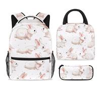 ewndhtse Set di zaino per la scuola con borsa per il pranzo e astuccio, set da 3 pezzi, zaino da viaggio, zaino casual per adolescenti, ragazze, ragazzi, primaria, junior, medio, grazioso coniglietto