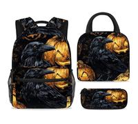 ewndhtse Set di zaino per la scuola con borsa per il pranzo e astuccio, set da 3 pezzi, zaino da viaggio, zaino casual per adolescenti, ragazze, ragazzi, primaria, junior, medio, nero con corvo e