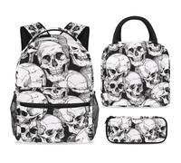 ewndhtse Set di zaino per la scuola con borsa per il pranzo e astuccio, set da 3 pezzi, zaino da viaggio, zaino casual per adolescenti, ragazze, ragazzi, primaria, junior, medio, gotico, teschi morti
