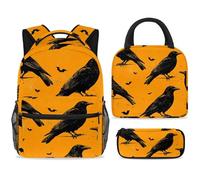 ewndhtse Set di zaino per la scuola con borsa per il pranzo e astuccio, set da 3 pezzi, zaino da viaggio, zaino casual per adolescenti, ragazze, ragazzi, primaria, junior, medio, con corvo nero e