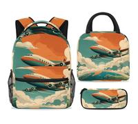 ewndhtse Set di zaino per la scuola con borsa per il pranzo e astuccio, set da 3 pezzi, zaino da viaggio, zaino casual per adolescenti, ragazze, ragazzi, primaria, junior, medio, aereo su cielo