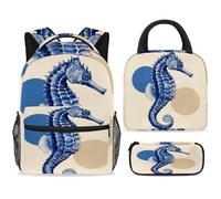 ewndhtse Set di zaino per la scuola con borsa per il pranzo e astuccio, set da 3 pezzi, zaino da viaggio, zaino casual per adolescenti, ragazze, ragazzi, primaria, junior, medio, cavalluccio marino
