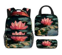 ewndhtse Set di zaino per la scuola con borsa per il pranzo e astuccio, set da 3 pezzi, zaino da viaggio, zaino casual per adolescenti, ragazze, ragazzi, primaria, junior, medio, un loto sullo stagno