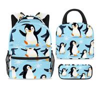 ewndhtse Set di zaino per la scuola con borsa per il pranzo e astuccio, set da 3 pezzi, zaino da viaggio, zaino casual per adolescenti, ragazze, ragazzi, primaria, junior, media, con pinguino che