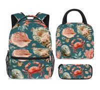 ewndhtse Set di zaino per la scuola con borsa per il pranzo e astuccio, set da 3 pezzi, zaino da viaggio, zaino casual per adolescenti, ragazze, ragazzi, primaria, junior, medio, granchio, conchiglie