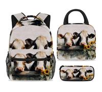ewndhtse Set di zaino per la scuola con borsa per il pranzo e astuccio, set da 3 pezzi, zaino da viaggio, zaino casual per adolescenti, ragazze, ragazzi, primaria, junior, media, mucche su recinzione