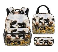 ewndhtse Set di zaino per la scuola con borsa per il pranzo e astuccio, set da 3 pezzi, zaino da viaggio, zaino casual per adolescenti, ragazze, ragazzi, primaria, junior, media, mucche su recinto