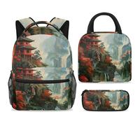 ewndhtse Set di zaino per la scuola con borsa per il pranzo e astuccio, set da 3 pezzi, zaino da viaggio, zaino casual per adolescenti, ragazze, ragazzi, primaria, media, vecchio tempio sulla cima