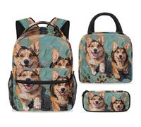 ewndhtse Set di zaino per la scuola con borsa per il pranzo e astuccio, set da 3 pezzi, zaino da viaggio, zaino casual per adolescenti, ragazze, ragazzi, primaria, junior, media, due cani Corgi felici