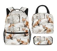 ewndhtse Set di zaino per la scuola con borsa per il pranzo e astuccio, set da 3 pezzi, zaino da viaggio, zaino casual per adolescenti, ragazze, ragazzi, primaria, junior, media, tre volpi sulla neve