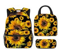 ewndhtse Set di zaino per la scuola con borsa per il pranzo e astuccio, set da 3 pezzi, zaino da viaggio, zaino casual per adolescenti, ragazze, ragazzi, primaria, junior, medio, girasoli senza
