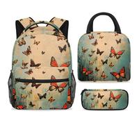 ewndhtse Set di zaino per la scuola con borsa per il pranzo e astuccio, set da 3 pezzi, zaino da viaggio, zaino casual per adolescenti, ragazze, ragazzi, primaria, junior, medio, dipinto con farfalle