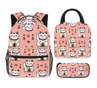 ewndhtse Set di zaino per la scuola con borsa per il pranzo e astuccio, set da 3 pezzi, zaino da viaggio, zaino casual per adolescenti, ragazze, ragazzi, primaria, junior, medio, gatti fortunati