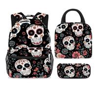 ewndhtse Set di zaino per la scuola con borsa per il pranzo e astuccio, set da 3 pezzi, zaino da viaggio, zaino casual per adolescenti, ragazze, ragazzi, primaria, junior, medio, teschi di zucchero e